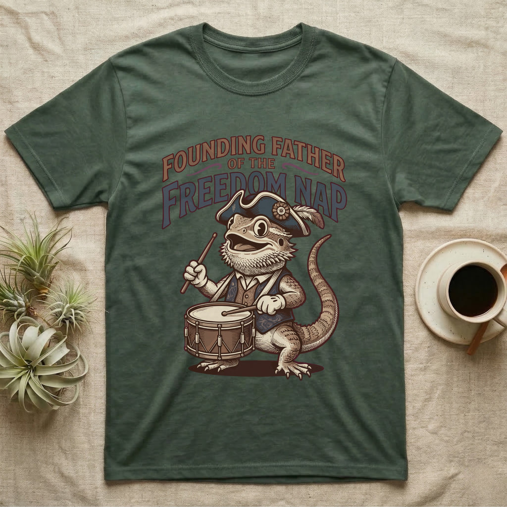 Bearded Dragon Drummer T-Shirt in Military Green — Sepia woodcut bearded dragon as a Revolutionary drummer boy under ornate text Founding Father of the Freedom Nap.