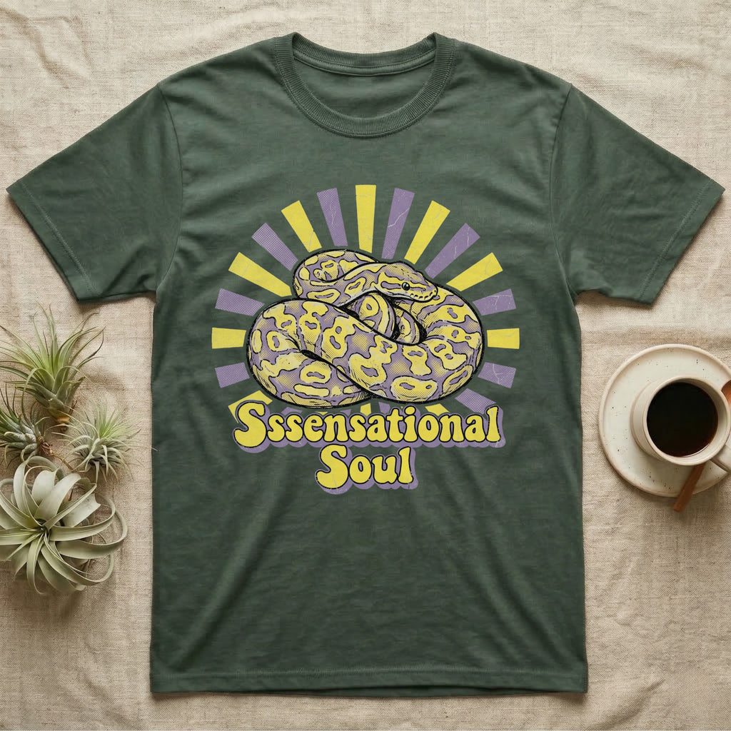 Green t-shirt with coiled snake and "Ssensational Soul" text.
