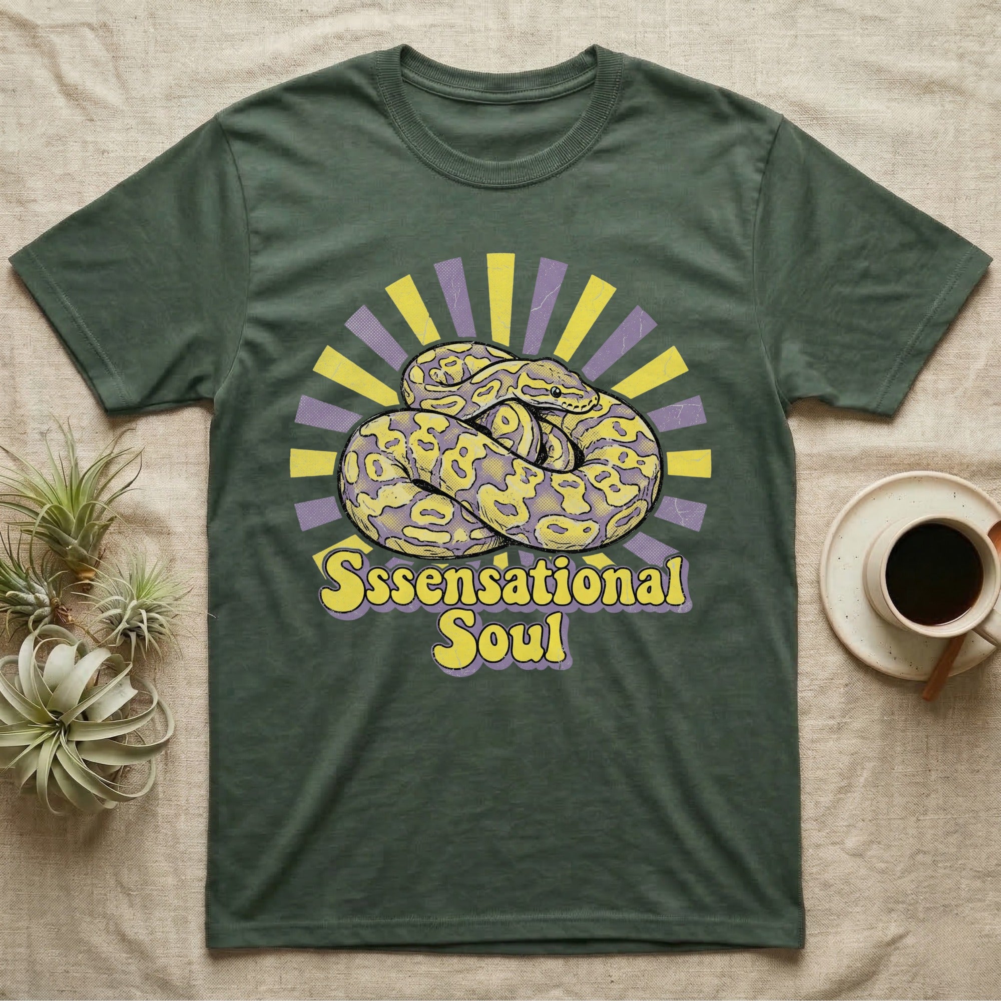 Green t-shirt with coiled snake and "Ssensational Soul" text.