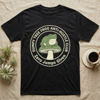 Black t-shirt with "Dumpy Tree Frog Anti-Hustle Club Zero Jumps Given" text and frog graphic.