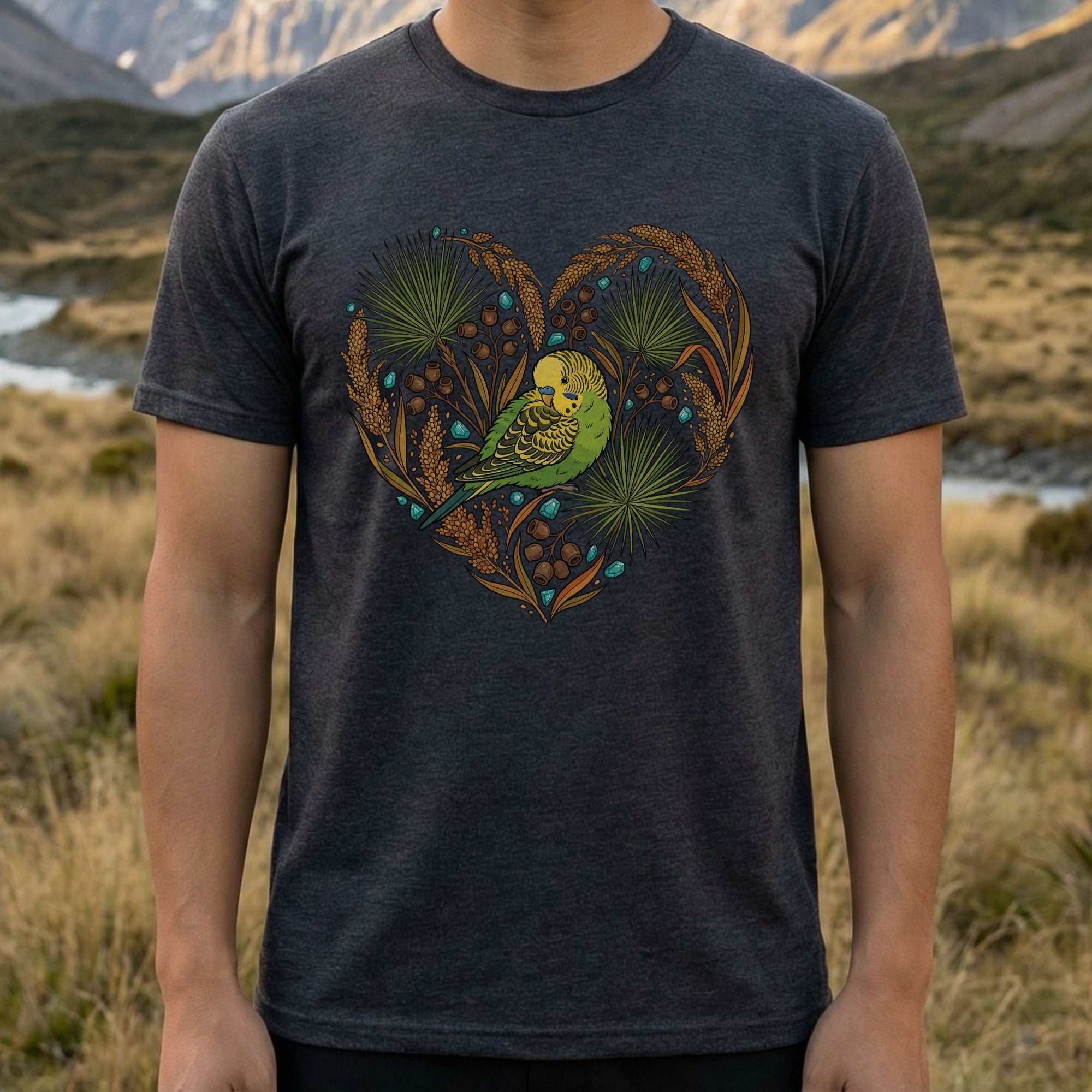 Heart Design Parakeet Graphic T-Shirt for Nature Lovers