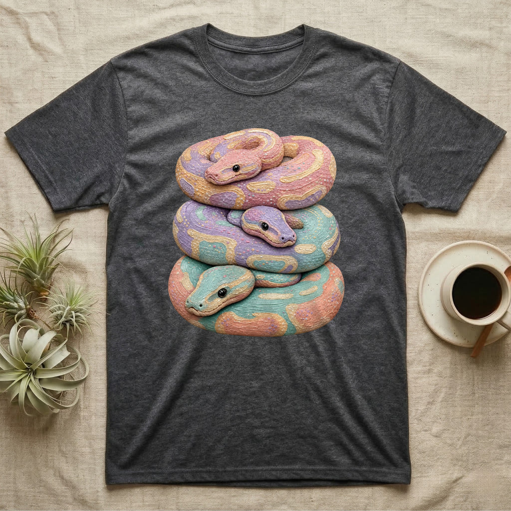 Dark gray t-shirt featuring a stacked pastel snake illustration.