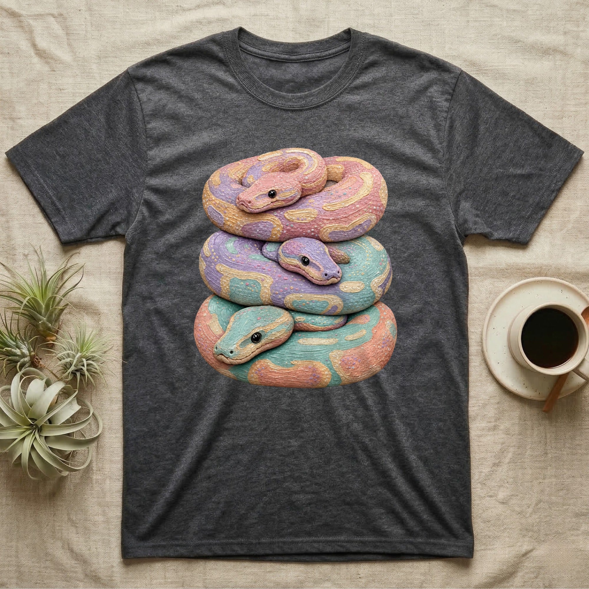 Dark gray t-shirt featuring a stacked pastel snake illustration.