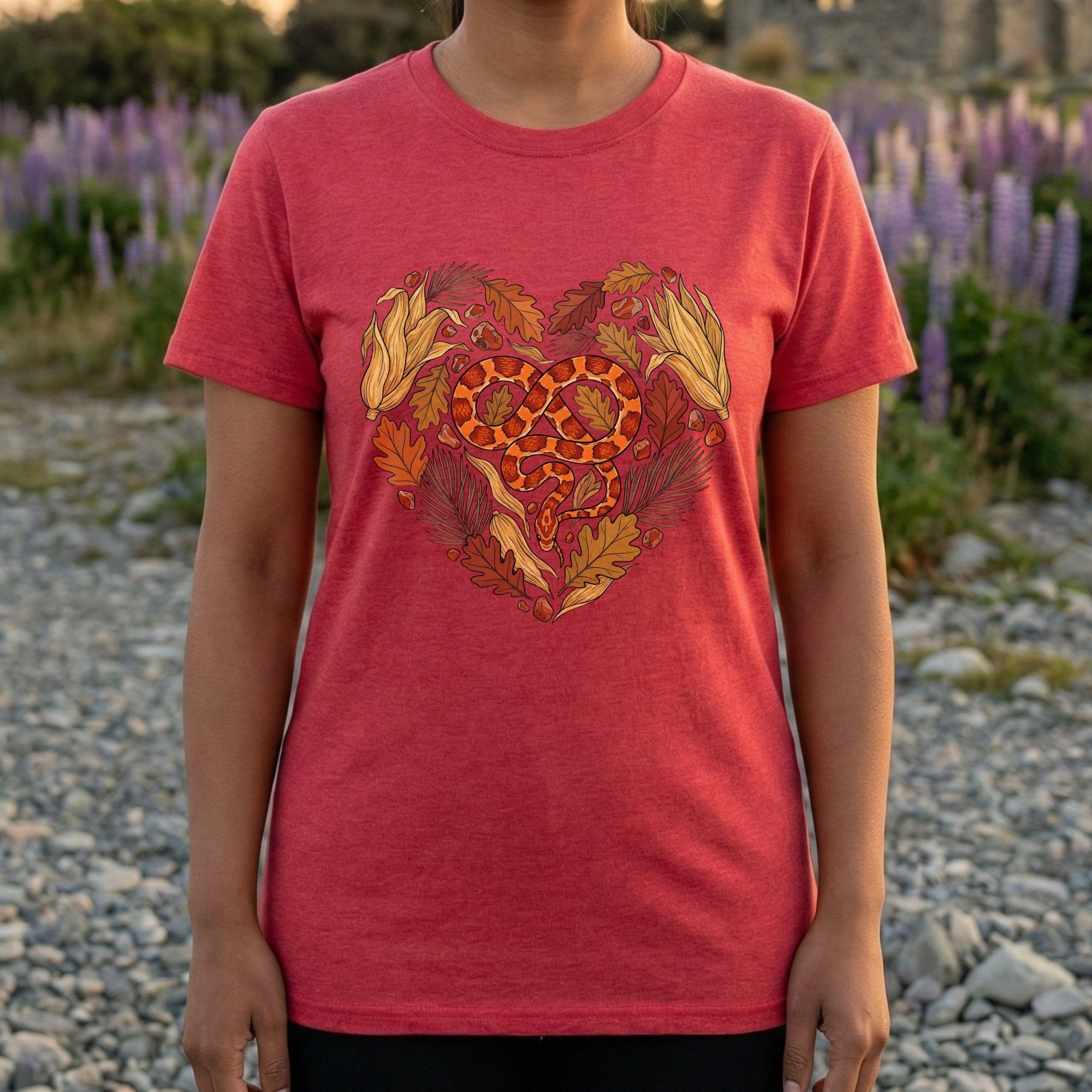 Red T-shirt with Colorful Artistic Heart Snake Design