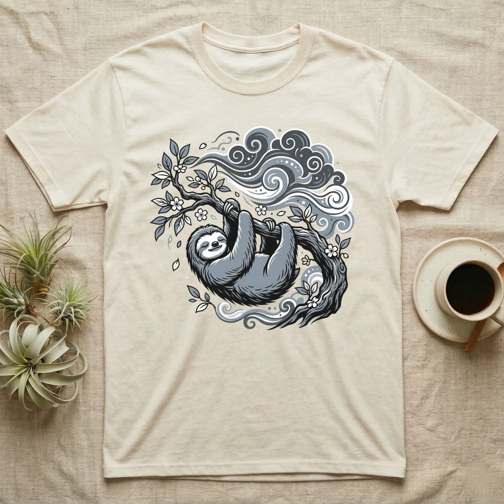 Cream t-shirt with a stylized sloth hanging from a tree branch.