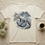 Cream t-shirt with a stylized sloth hanging from a tree branch.