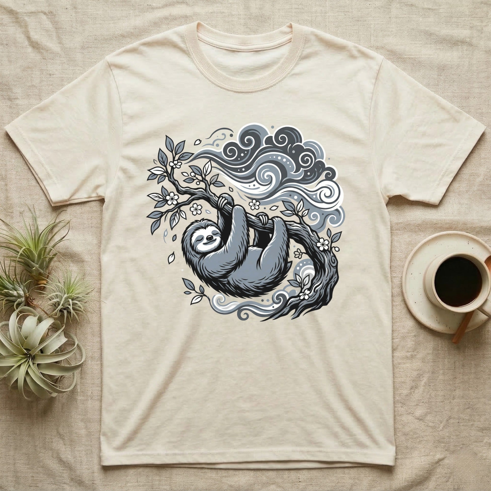 Cream t-shirt with a stylized sloth hanging from a tree branch.