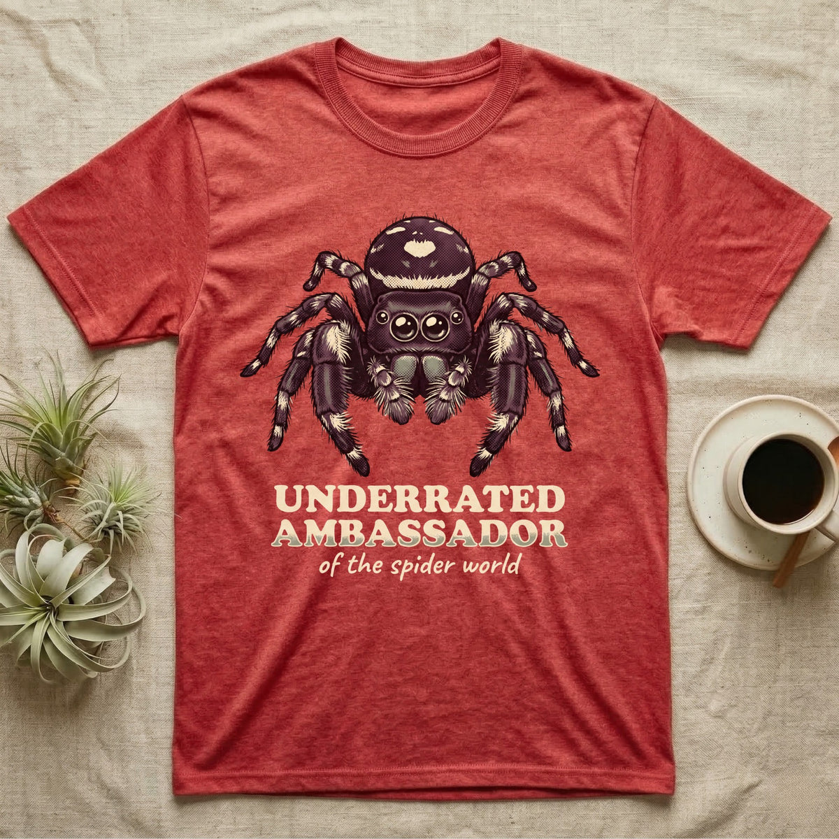 Underrated Ambassador Spider T-Shirt in Heather Red — Soft creepy-cute portrait of a big-eyed jumping spider with hand-lettered text reading Underrated Ambassador of the Spider World.
