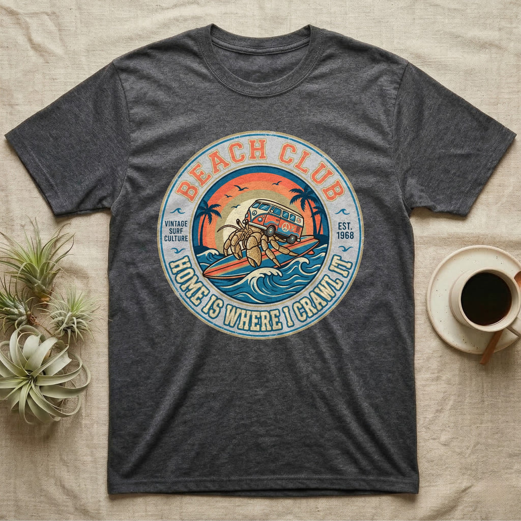 Dark grey t-shirt featuring a circular graphic of a VW bus and crab, "Beach Club" text.