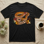 Dramatic Dad Hognose T-Shirt in Black — Tattoo-flash illustration of a hognose snake mid-dramatic-flop with a banner reading World's Most Dramatic Dad.