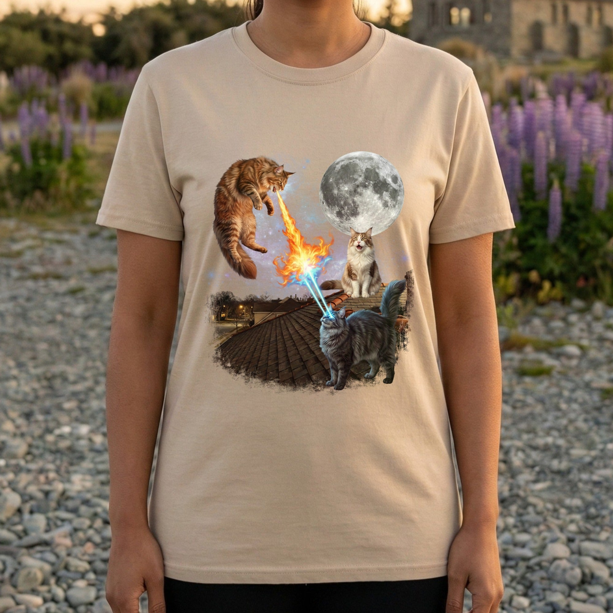 Cat Laser Eyes Fire Moon Graphic T-Shirt