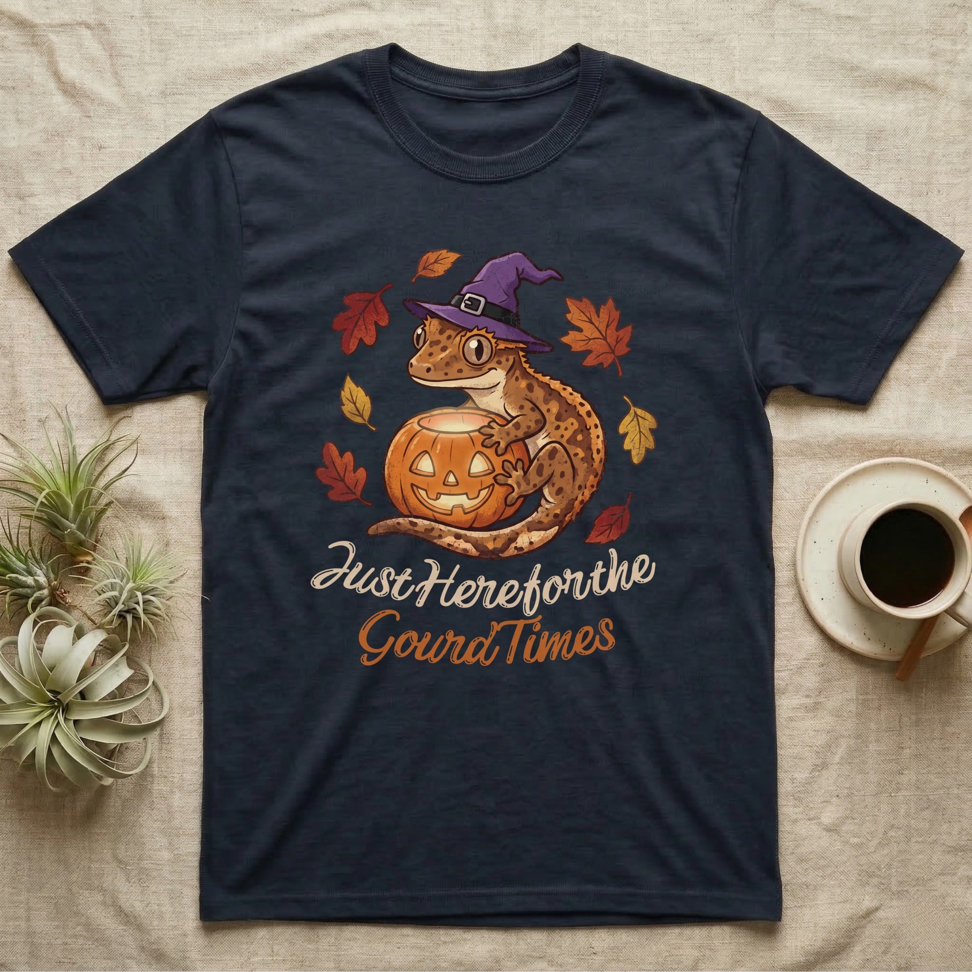 Crested Gecko Gourd Times T-Shirt in Navy — Cartoon crested gecko in a witch hat on a glowing jack-o'-lantern, "Just Here for the Gourd Times."