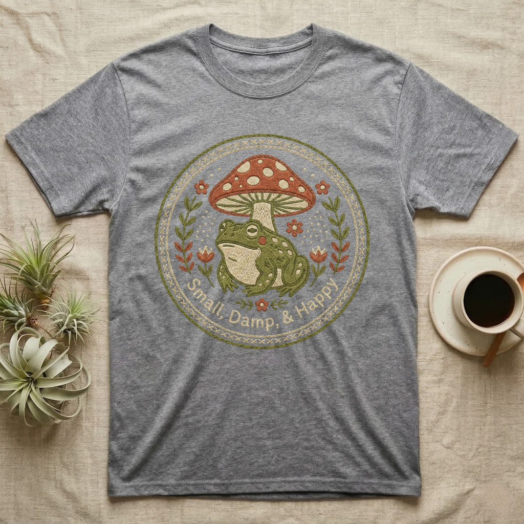 Gray t-shirt with embroidered frog and mushroom motif that reads "Small, Damp, & Happy."