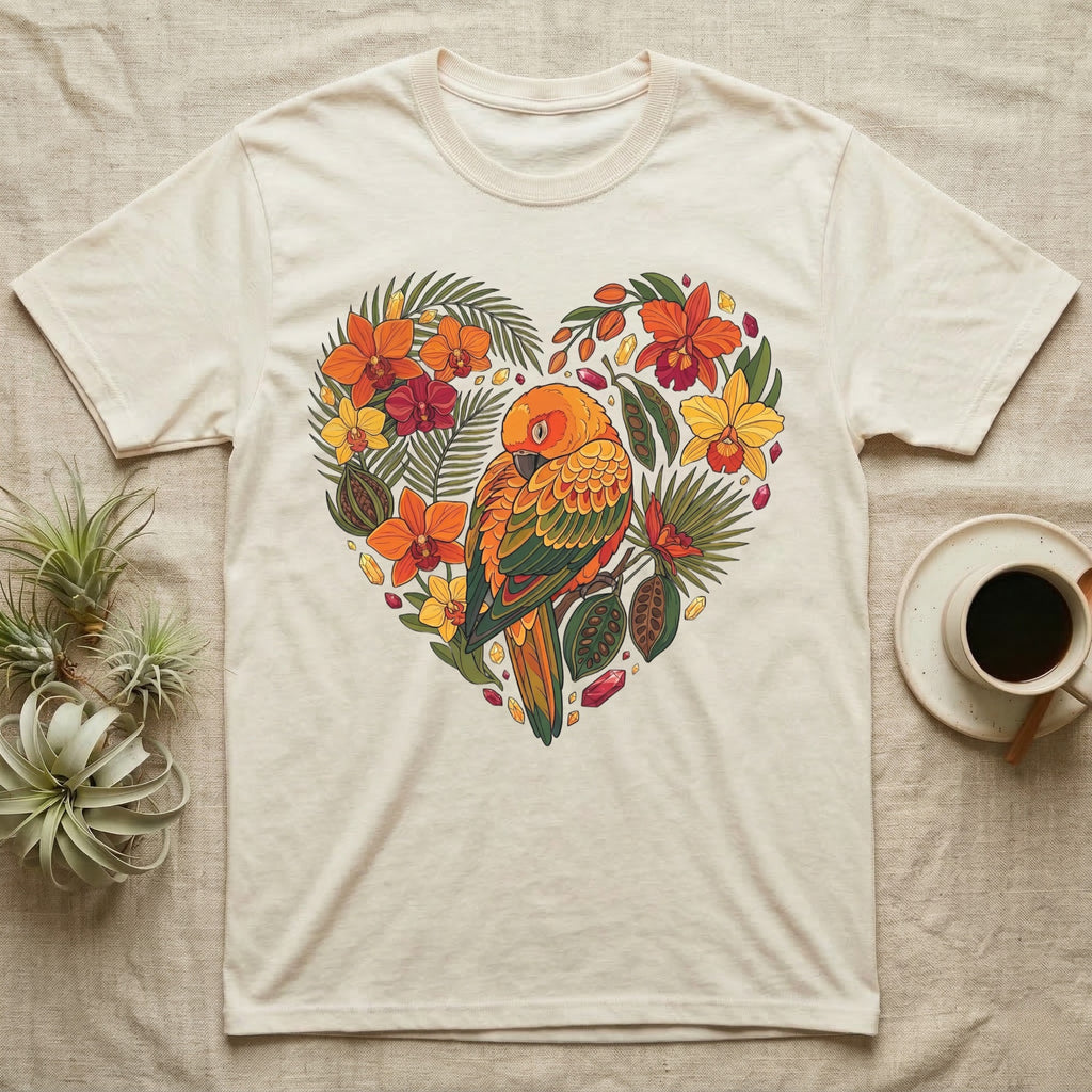 Cream t-shirt with a heart-shaped floral design featuring a conure parrot.