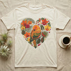 Cream t-shirt with a heart-shaped floral design featuring a conure parrot.