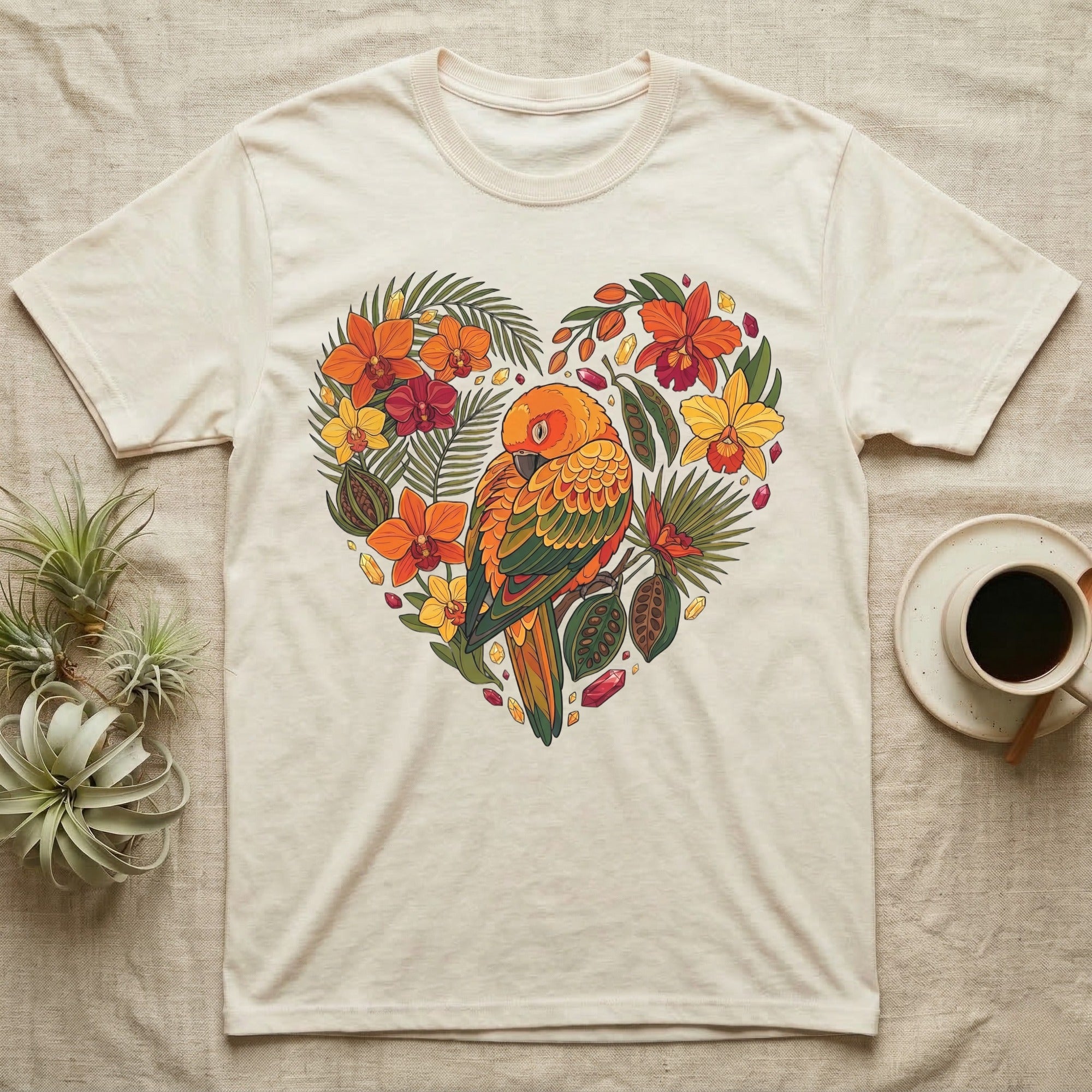 Cream t-shirt with a heart-shaped floral design featuring a conure parrot.
