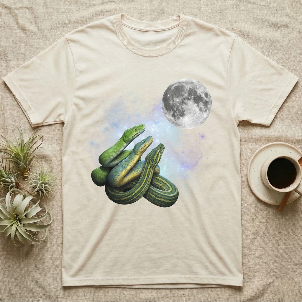 Green Tree Python Moon Howl T-Shirt in Natural — Three Green Tree Python colour morphs howling at a full moon over a nebula on a dark grey t-shirt.