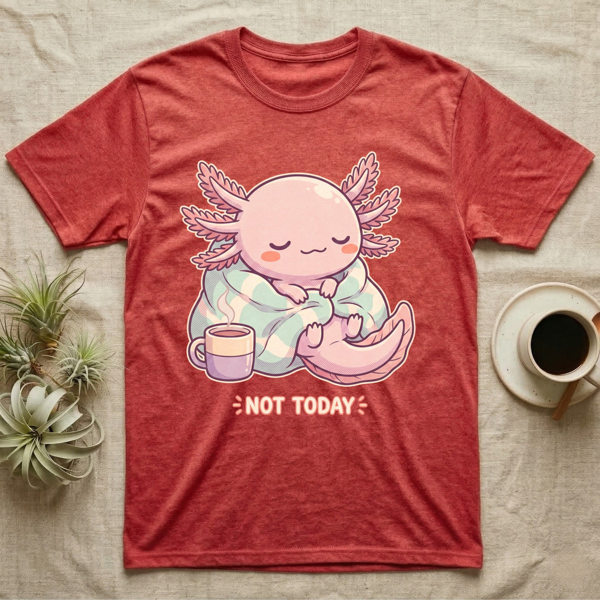 Axolotl Not Today T-Shirt in Heather Red — Kawaii chibi illustration of an axolotl curled in a blanket with a mug and a soft caption reading Not Today.