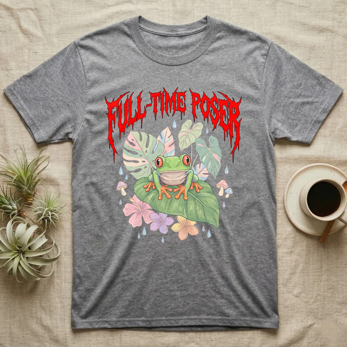 Red-Eyed Tree Frog Feral T-Shirt in Sport Grey — Red-eyed tree frog on a leaf in a pastel jungle scene under a spiky red metal wordmark reading FULL-TIME POSER.