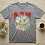 Red-Eyed Tree Frog Feral T-Shirt in Sport Grey — Red-eyed tree frog on a leaf in a pastel jungle scene under a spiky red metal wordmark reading FULL-TIME POSER.