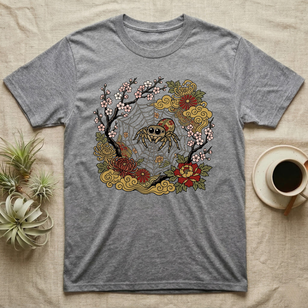 Grey t-shirt with a circular spider and floral graphic.