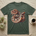 Hognose Snake Hood Flare T-Shirt in Military Green — Bold three-colour screen-print illustration of a coiled western hognose snake with its neck flared into a hood and mouth open, no on-shirt text.