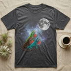 Green Anole Moon Howl T-Shirt in Dark Heather — Three Green Anole colour morphs howling at a full moon over a nebula on a dark grey t-shirt.