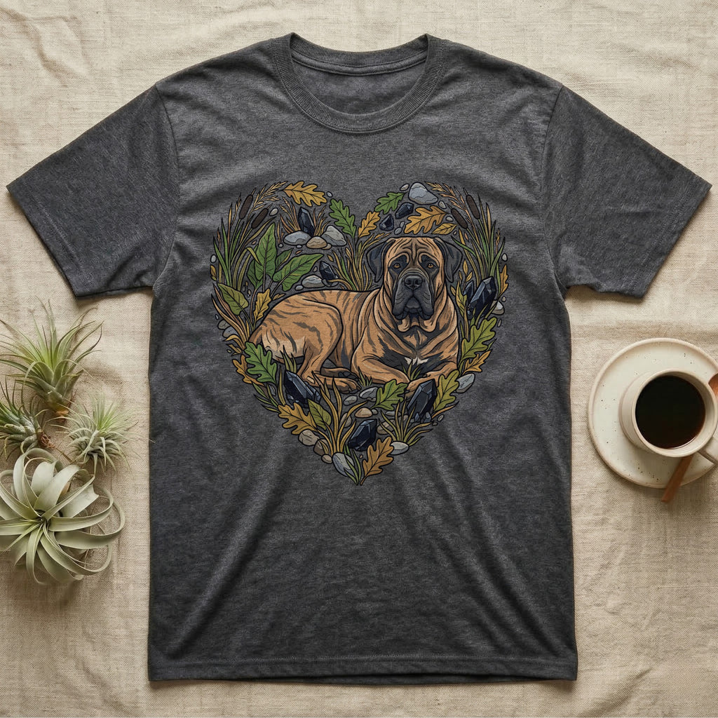 Dark grey t-shirt with mastiff dog and heart shaped floral design.