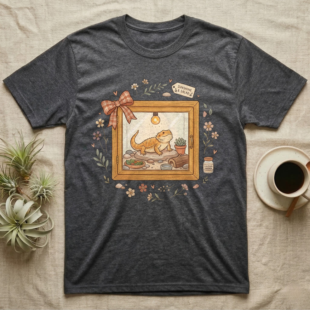Dark gray t-shirt featuring a framed illustration of a bearded dragon in a terrarium.
