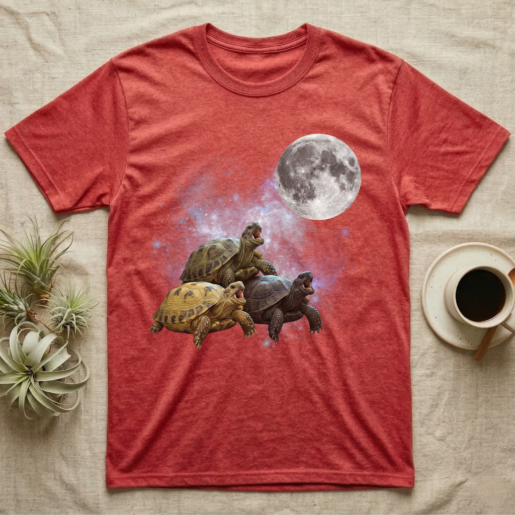 Russian Tortoise Moon Howl T-Shirt in Heather Red — Three Russian Tortoise colour morphs howling at a full moon over a nebula on a dark grey t-shirt.