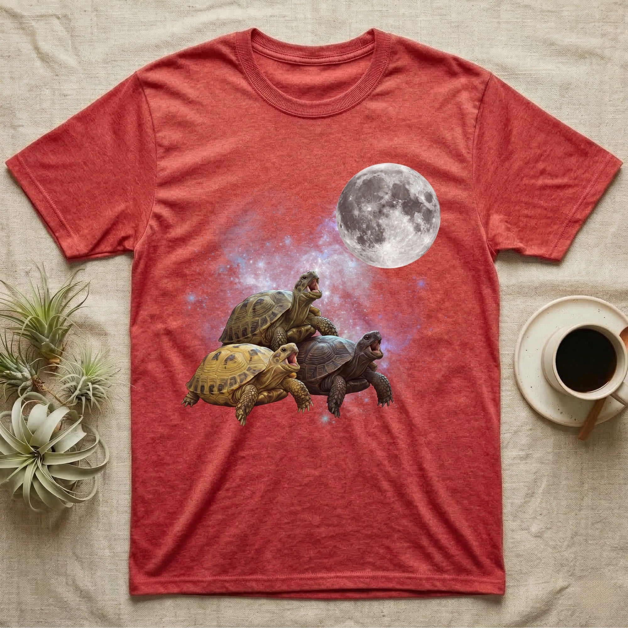 Russian Tortoise Moon Howl T-Shirt in Heather Red — Three Russian Tortoise colour morphs howling at a full moon over a nebula on a dark grey t-shirt.