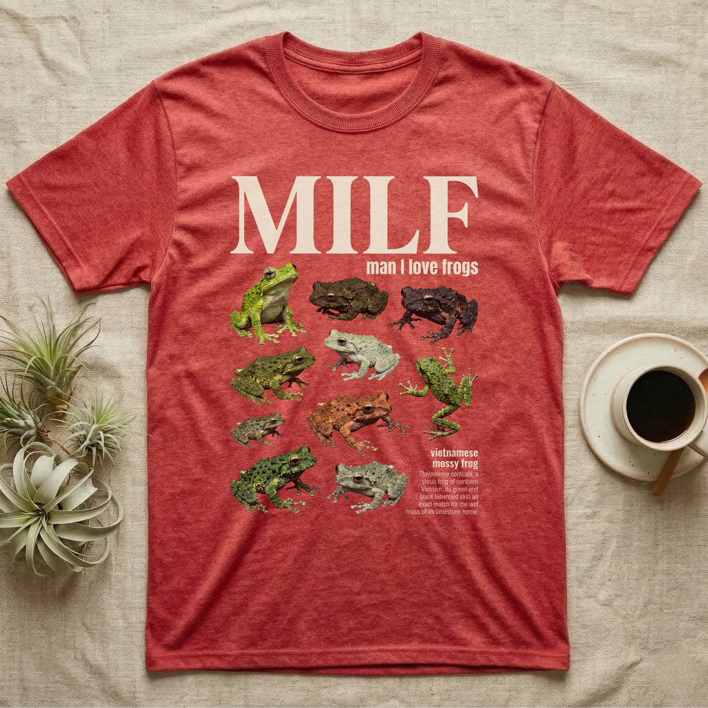 Vietnamese Mossy Frog MILF T-Shirt in Heather Red — Seven Vietnamese mossy frogs in a cut-out photo collage beneath the huge cream word MILF on grey.