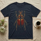 Dorsal-view illustration of a rhinoceros beetle with a forked amber horn and rust-red elytra in bold vintage comic ink line and halftone shading, no on-shirt text. — shown on a Navy tee.