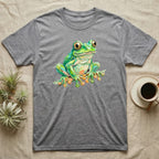 Grey t-shirt with a colorful cartoon frog illustration.