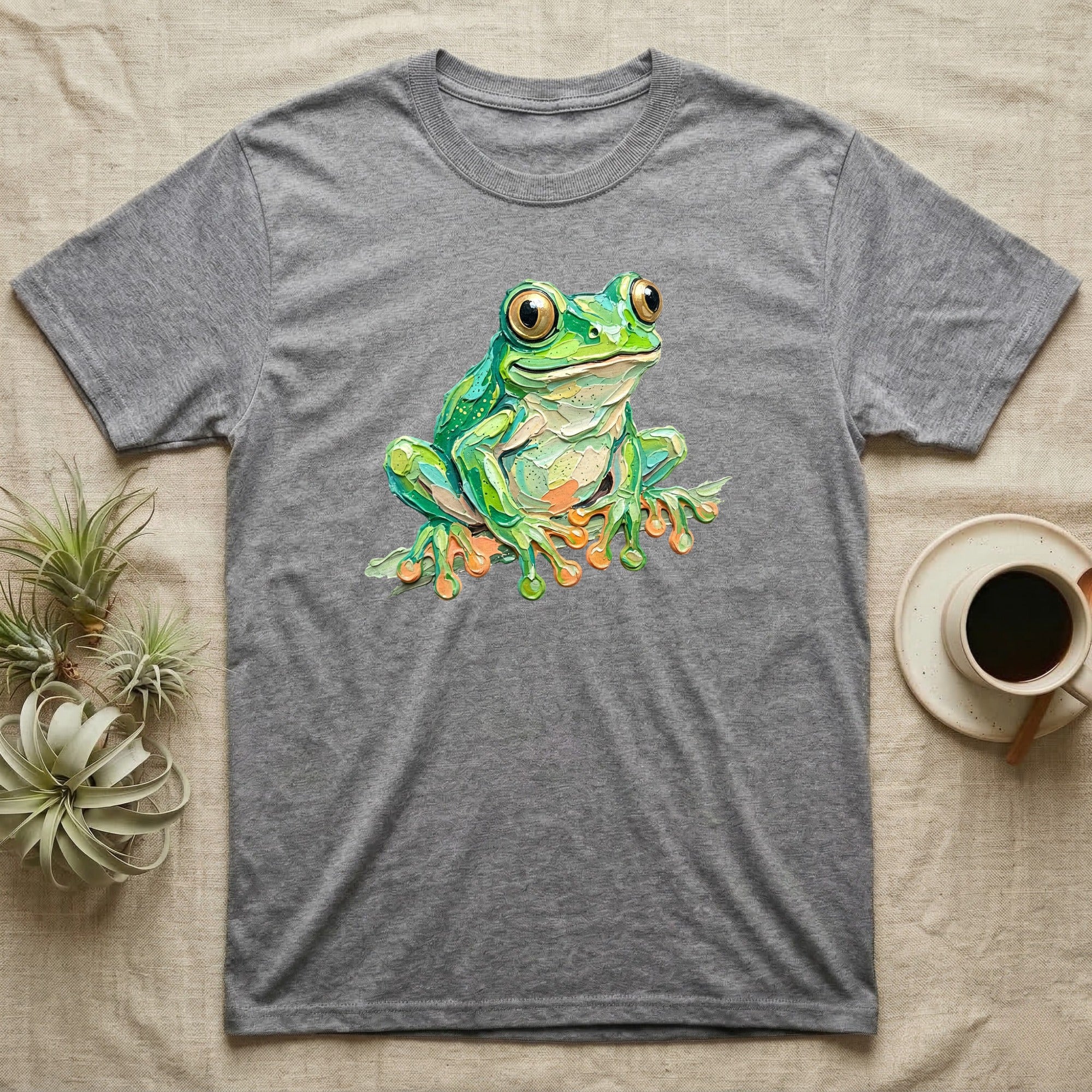 Grey t-shirt with a colorful cartoon frog illustration.