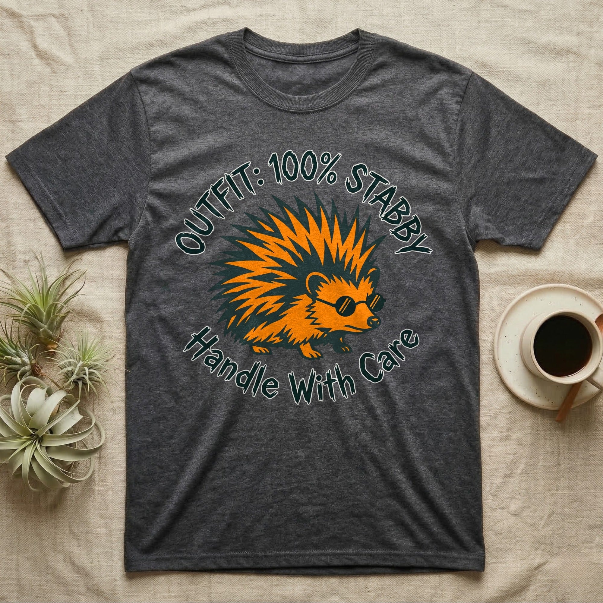 Dark gray t-shirt with a cartoon hedgehog wearing sunglasses and the text "OUTFIT: 100% STABBY Handle With Care".