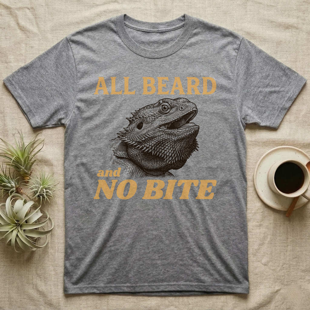 Bearded Dragon Bluff T-Shirt in Sport Grey — Engraved bearded dragon with a puffed dark beard and open mouth under sand lettering reading ALL BEARD and NO BITE