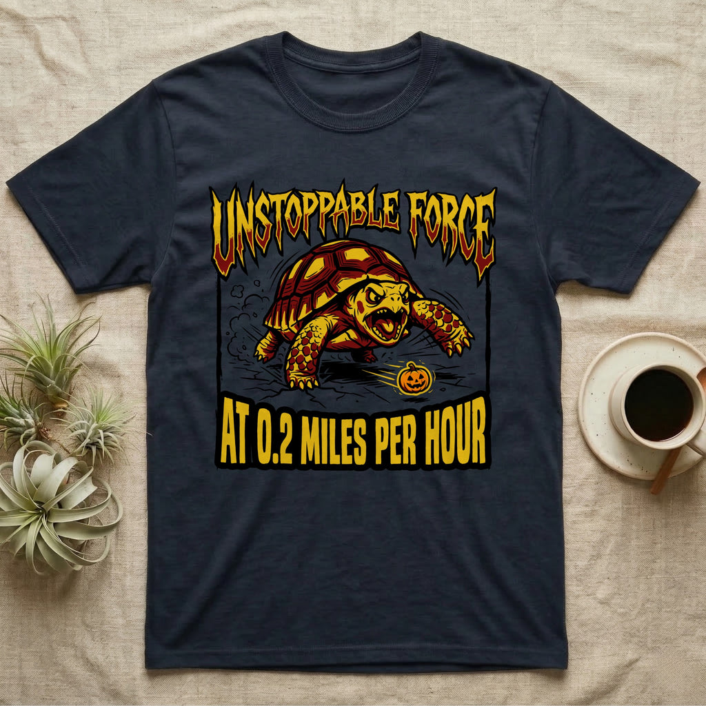 Red-Footed Tortoise Unstoppable Force T-Shirt in Navy — Metal-style furious tortoise charging a candy pumpkin, "Unstoppable Force At 0.2 Miles Per Hour."