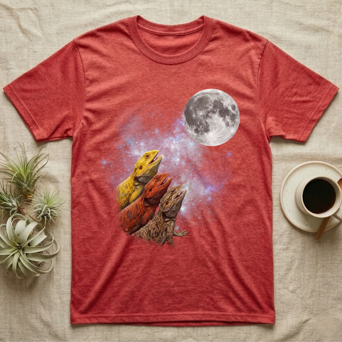 Bearded Dragon Moon Howl T-Shirt in Heather Red — Three Bearded Dragon colour morphs howling at a full moon over a nebula on a dark grey t-shirt.