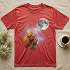Bearded Dragon Moon Howl T-Shirt in Heather Red — Three Bearded Dragon colour morphs howling at a full moon over a nebula on a dark grey t-shirt.