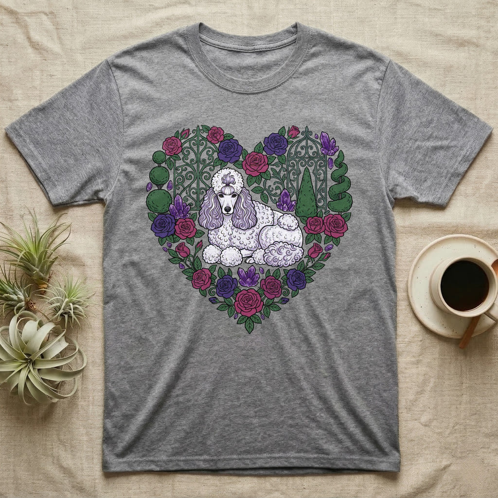 Grey t-shirt with a white poodle in a floral heart design.