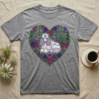 Grey t-shirt with a white poodle in a floral heart design.