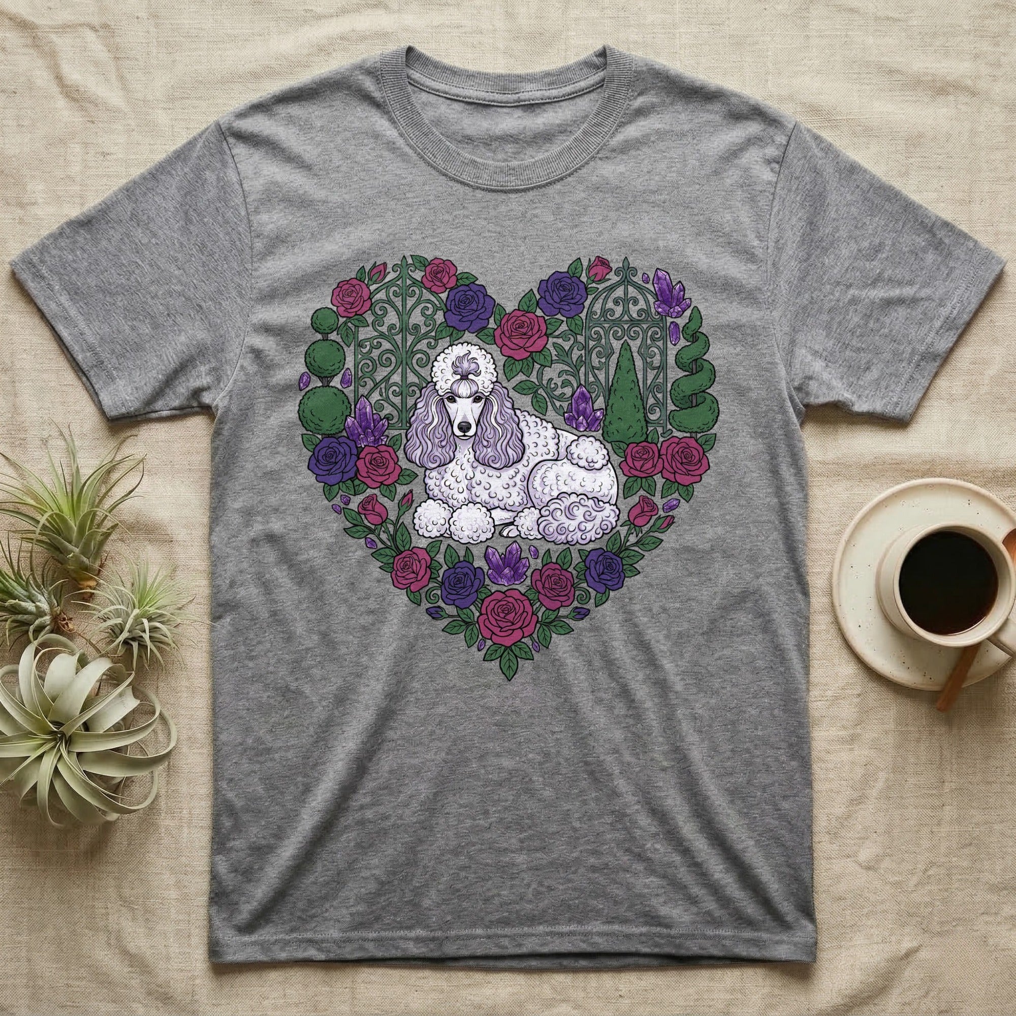 Grey t-shirt with a white poodle in a floral heart design.