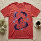 Crested Gecko Cosmic T-Shirt in Heather Red — Vintage screen-print illustration of crested geckos in astronaut helmets floating in space, deep cosmic indigo monochromatic on dark background.