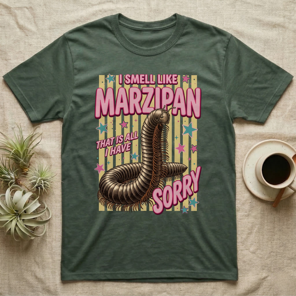 Millipede Almond Defence T-Shirt in Military Green — Engraved giant African millipede coiled upright under fat pink club lettering reading ALMOND DEFENCE on yellow stripes.