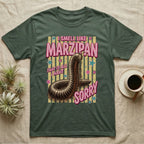 Millipede Almond Defence T-Shirt in Military Green — Engraved giant African millipede coiled upright under fat pink club lettering reading ALMOND DEFENCE on yellow stripes.
