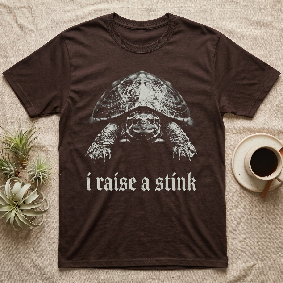 Musk Turtle Stink T-Shirt in Dark Chocolate — Photo of a small musk turtle facing forward above the blackletter line i raise a stink