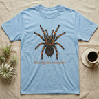 Light blue t-shirt with a Brachypelma hamorii tarantula graphic and text.