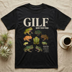 Pacman Frog GILF T-Shirt in Black — Nine pacman frogs in a scattered cut-out photo collage beneath the huge cream word GILF on a grey ground.