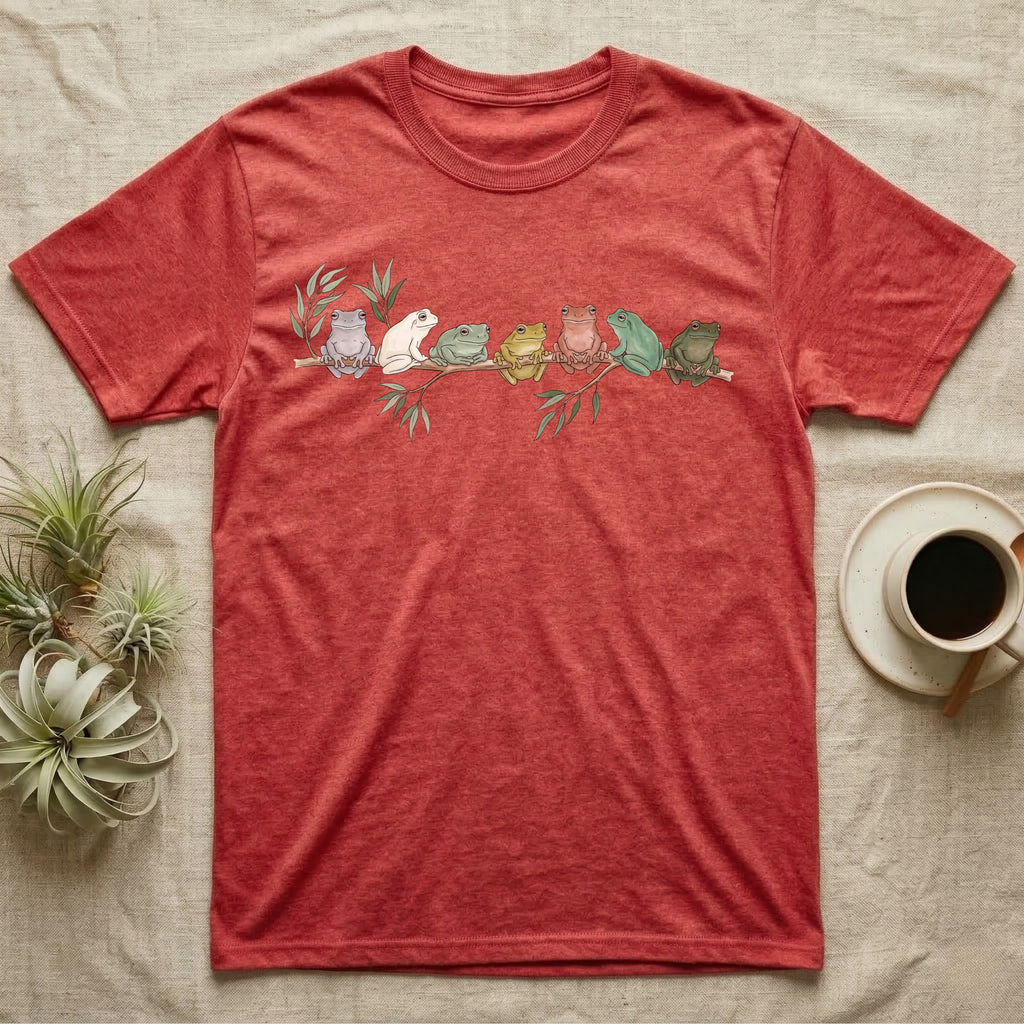 White's Tree Frog Canopy Crew T-Shirt in Heather Red — Watercolor illustration of seven White's tree frogs in different colour phases on a eucalyptus branch, dark grey T-shirt design.